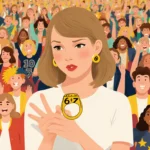 Taylor Swift holds up a ring with numbers 6 and 7 and looks amused amid a crowded stadium with cheering fans and colors