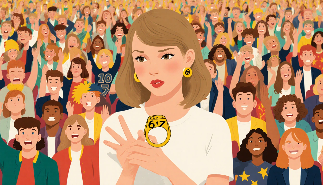Taylor Swift holds up a ring with numbers 6 and 7 and looks amused amid a crowded stadium with cheering fans and colors