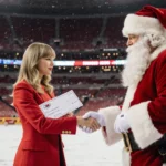 Taylor Swift shaking Santa Claus