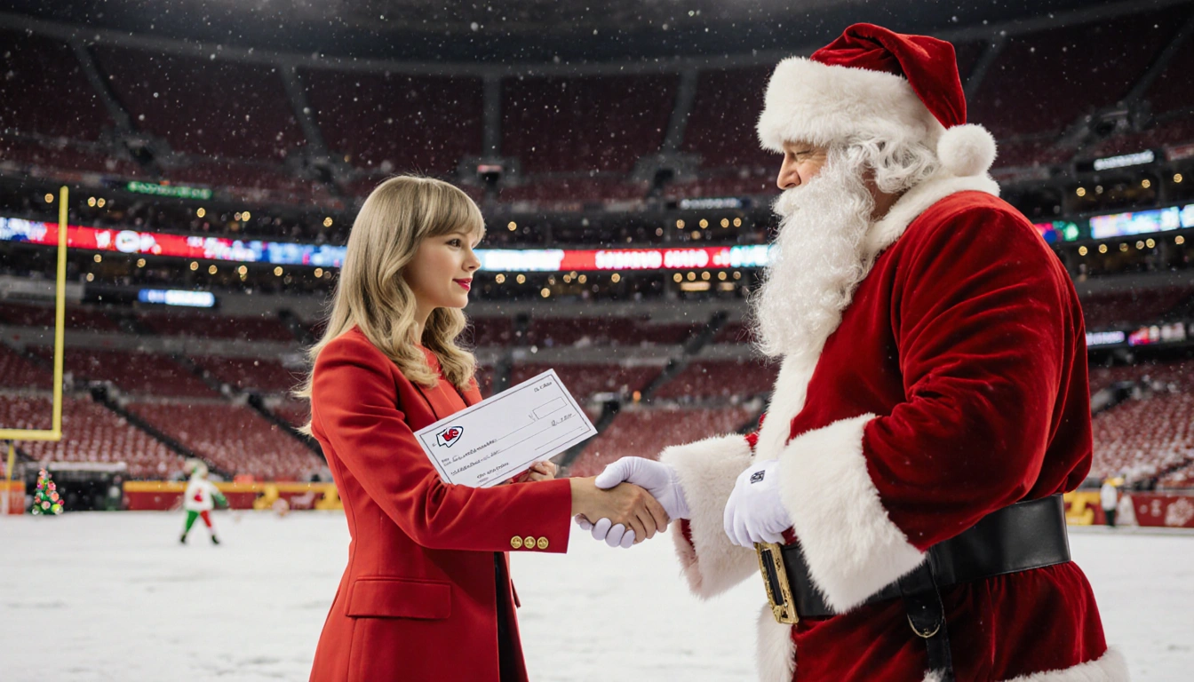 Taylor Swift shaking Santa Claus