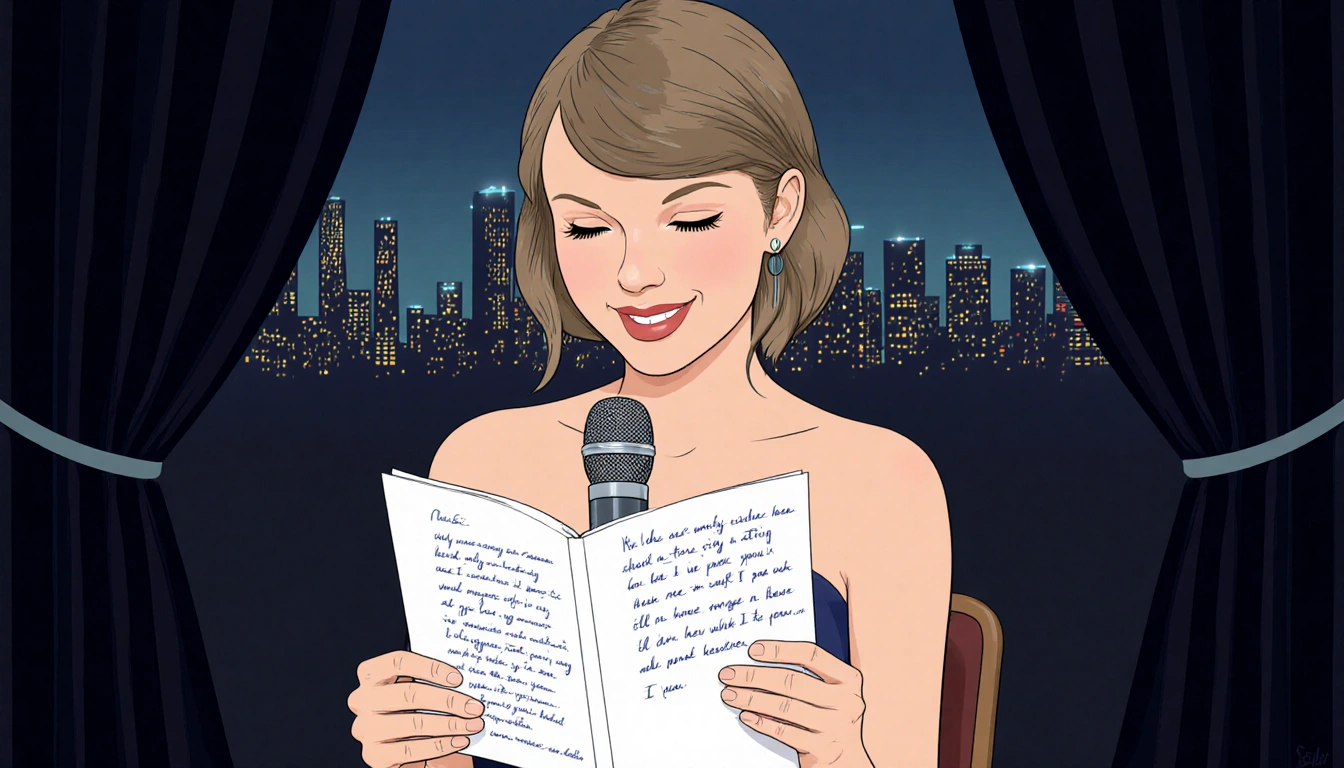 Taylor Swift reading a heartfelt letter with a microphone and a dimly lit Kansas City skyline in the background