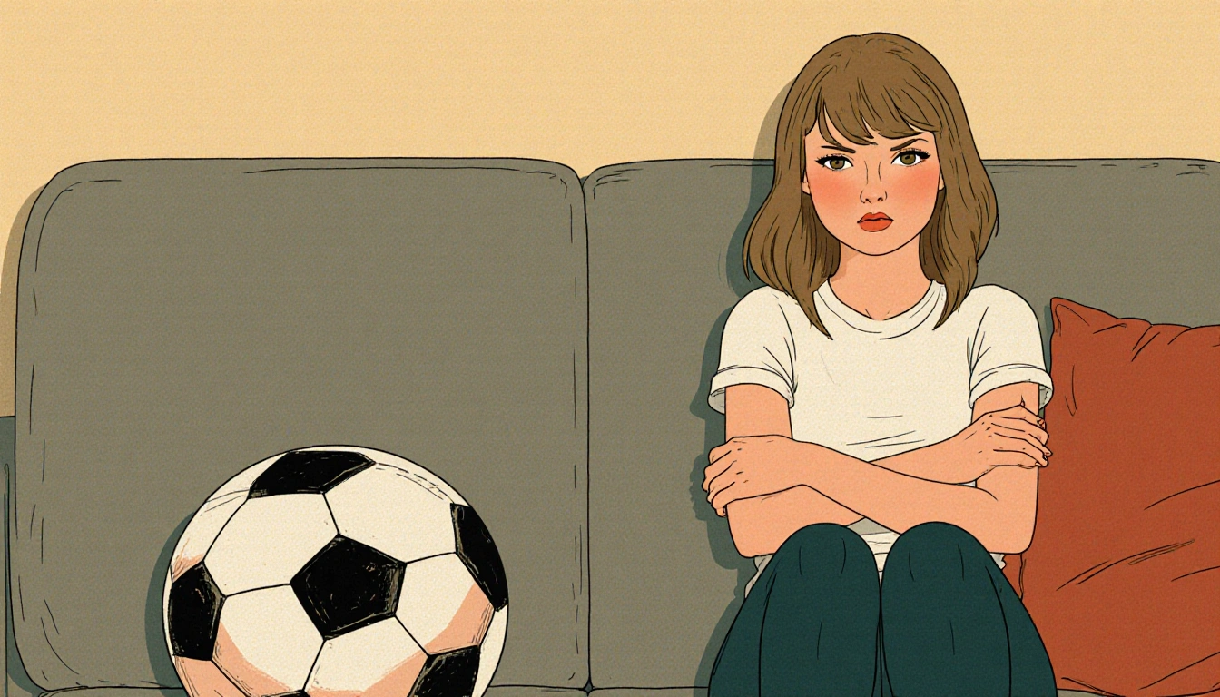 Taylor Swift sitting on couch with football nearby and uncertain expression