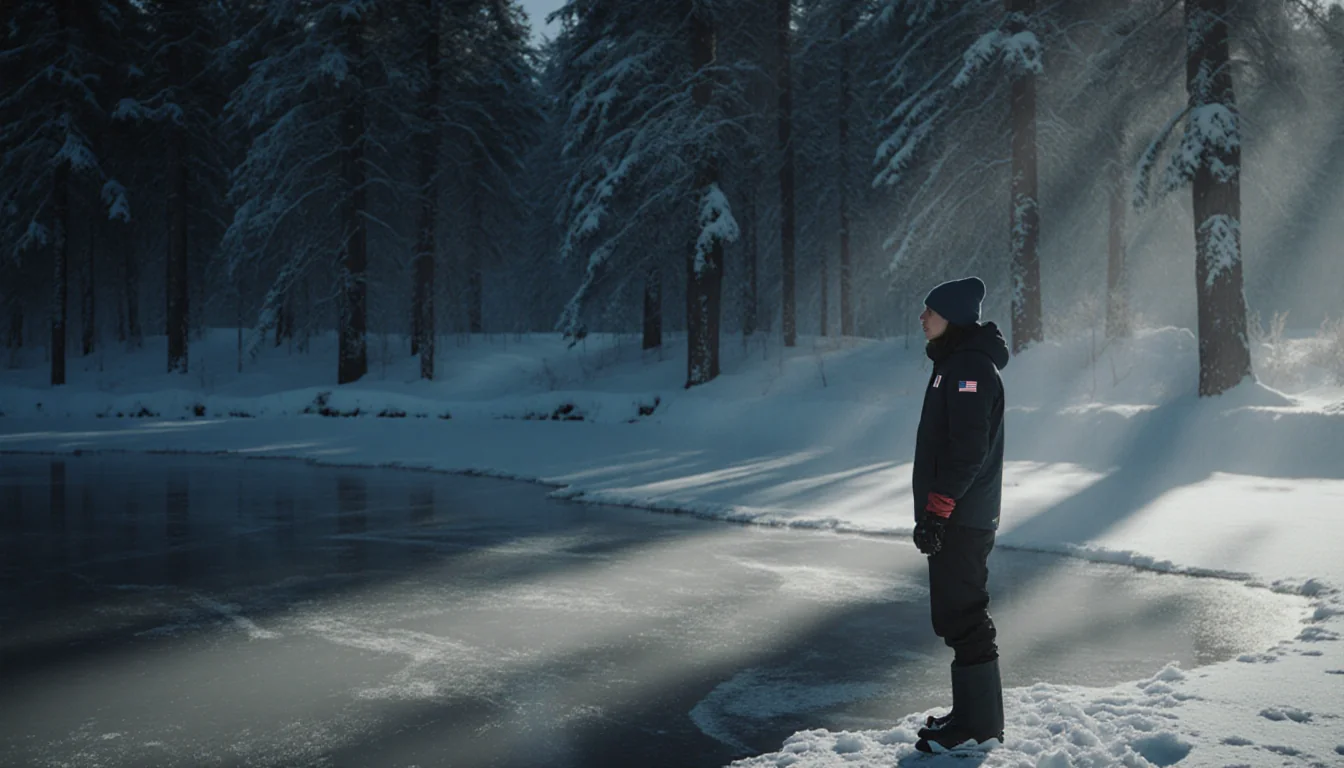 Team USA Olympian standing by a frozen lake with snowy trees and long shadows looking determined.