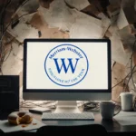 Computer monitor displaying Merriam-Webster logo with cluttered tech lab and half‑eaten donut beside coffee.