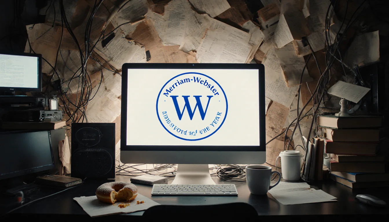 Computer monitor displaying Merriam-Webster logo with cluttered tech lab and half‑eaten donut beside coffee.