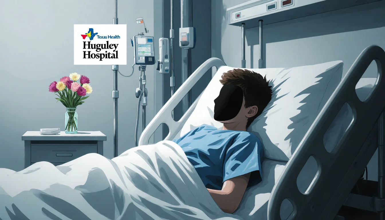 Teenage boy lying in bed with obscured face and flowers on bedside table and hospital sign in background