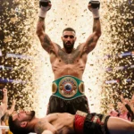 Terence Crawford raises arms in victory with confetti exploding behind him and Allegiant Stadium lights shining