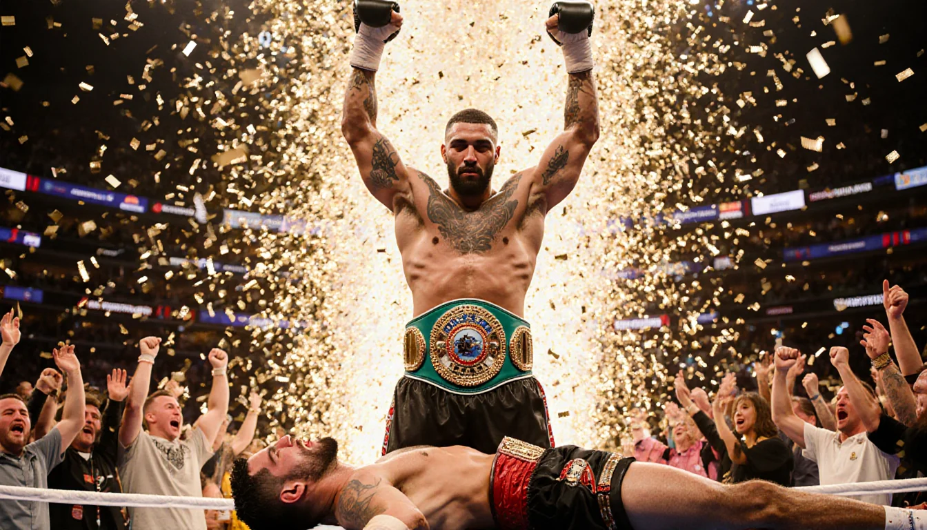 Terence Crawford raises arms in victory with confetti exploding behind him and Allegiant Stadium lights shining