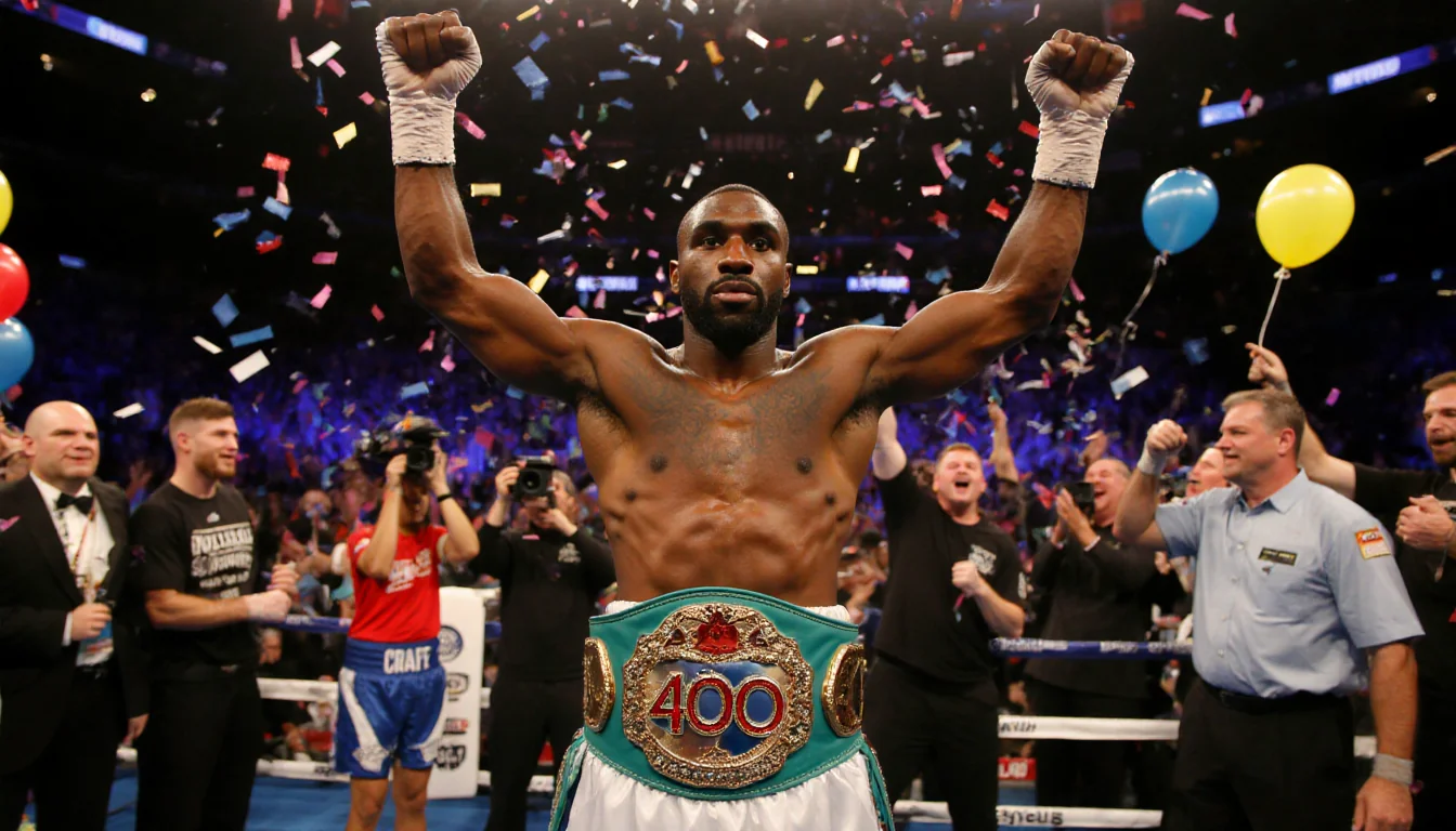 Terence Crawford raises arms in triumph in the center of the ring with boxing champion belt and confetti.