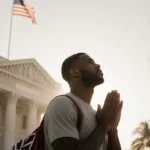 Terry Rozier stands outside the Miami courthouse with palm trees in blur and a faint American flag silhouette above the roof.