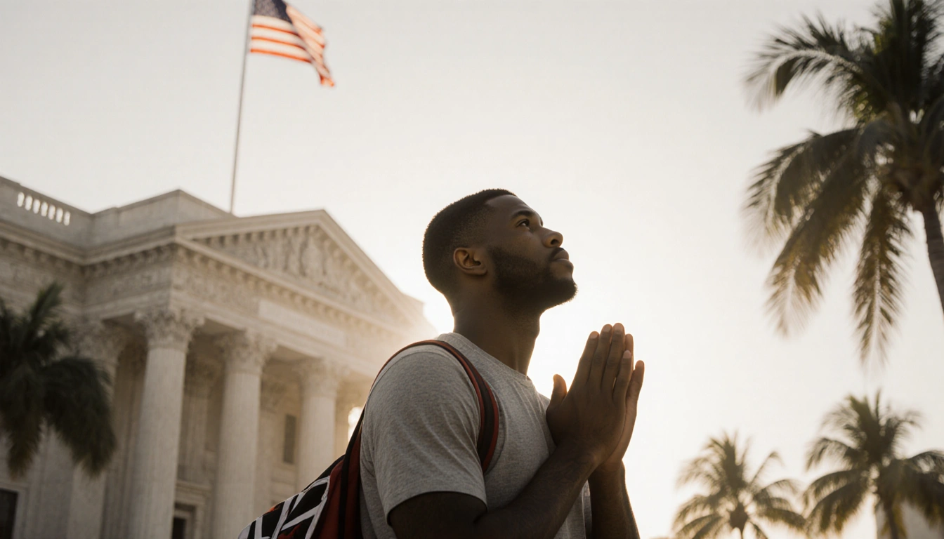 Terry Rozier stands outside the Miami courthouse with palm trees in blur and a faint American flag silhouette above the roof.