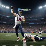 C.J. Stroud throwing a touchdown pass with Chargers quarterback Herbert on the ground and cheering Texans fans in the backgro