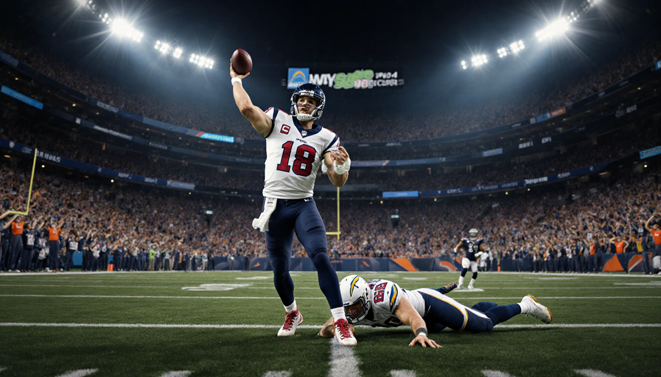 C.J. Stroud throwing a touchdown pass with Chargers quarterback Herbert on the ground and cheering Texans fans in the backgro