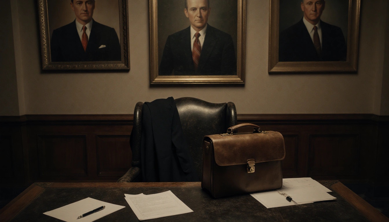 Briefcase sits on a dusty wooden desk with faded Texas portraits in a Capitol hallway and a vacant seat nearby.
