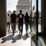 Activists walking toward a glass door with a No sticker and natural light pouring in blurred Texas Capitol behind.