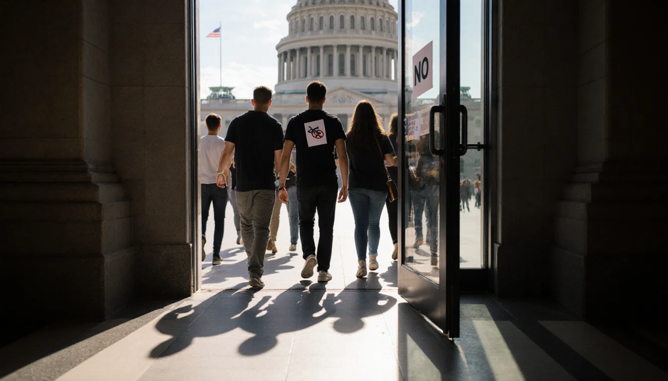 Activists walking toward a glass door with a No sticker and natural light pouring in blurred Texas Capitol behind.