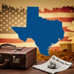 Texas map highlighting District 33 in blue with faded flag background and briefcase on wooden desk