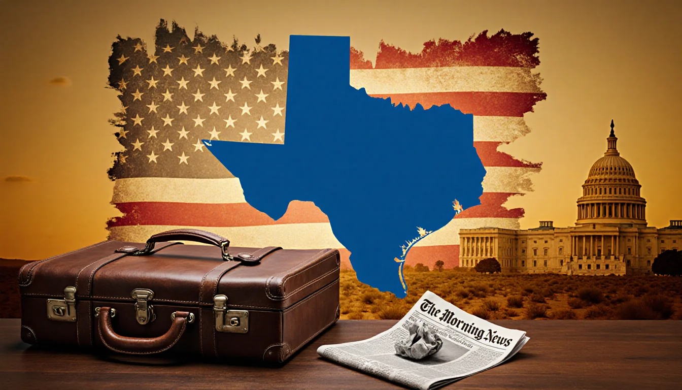 Texas map highlighting District 33 in blue with faded flag background and briefcase on wooden desk