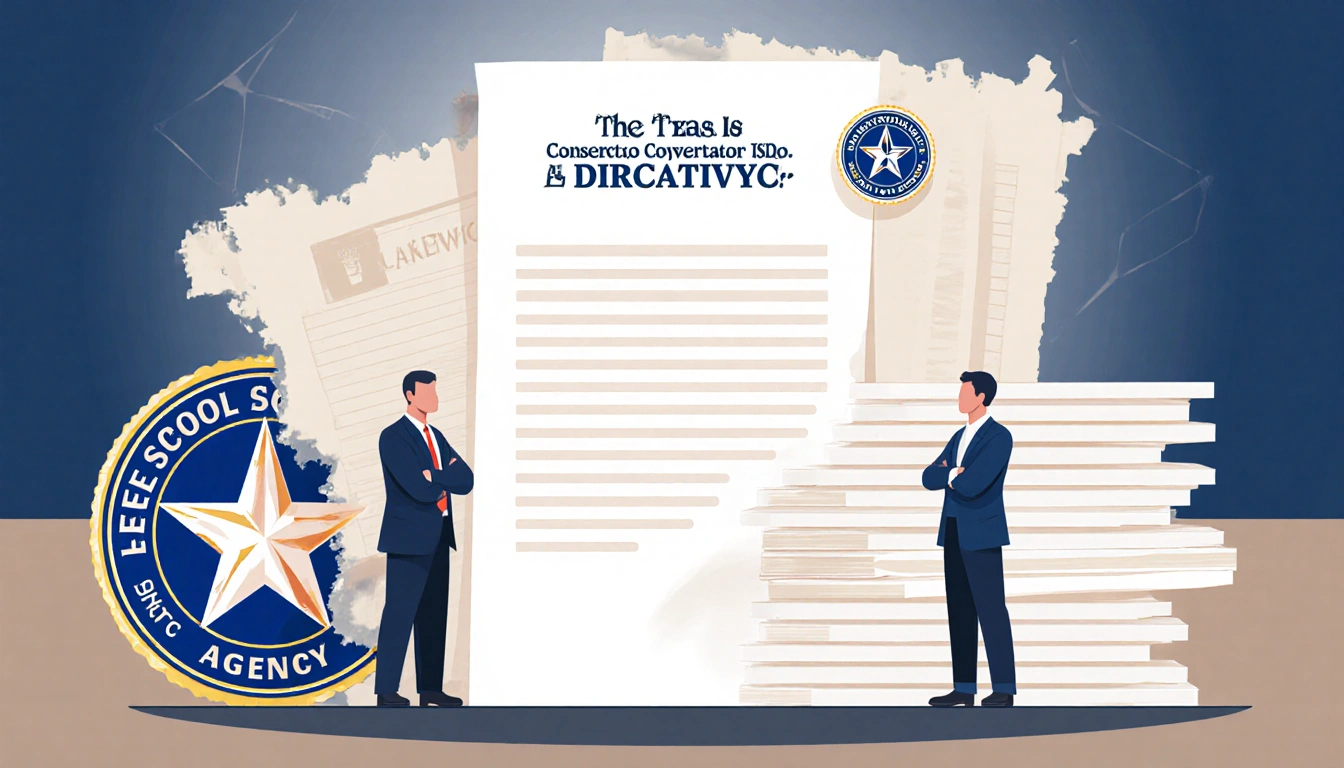 Conservator and board of managers standing together in front of stack of papers with TEA seals Lake Worth ISD logo background