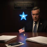Commissioner Mike Morath looks stern in a dim room with a blue star logo above a wooden table and papers and flag scattered