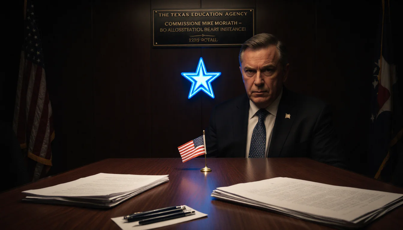 Commissioner Mike Morath looks stern in a dim room with a blue star logo above a wooden table and papers and flag scattered