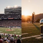 Trophy standing alone on championship field with packed stadium fans and dusk sky in split‑screen football scene