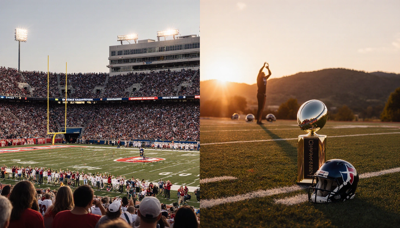 Trophy standing alone on championship field with packed stadium fans and dusk sky in split‑screen football scene