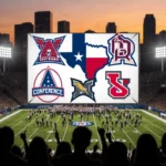 Students gather around a large screen with UIL logos and conference flags near grandstand lights under a sunset sky.