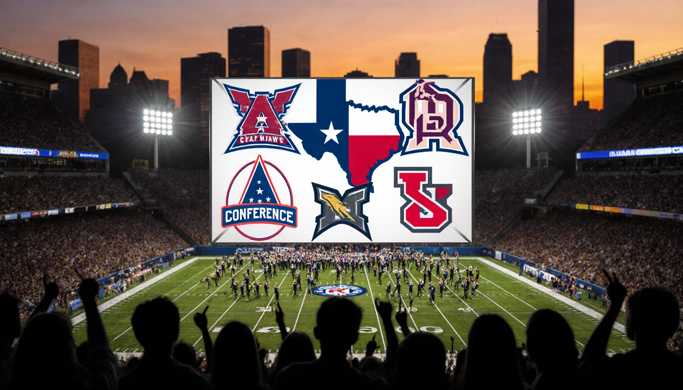 Students gather around a large screen with UIL logos and conference flags near grandstand lights under a sunset sky.