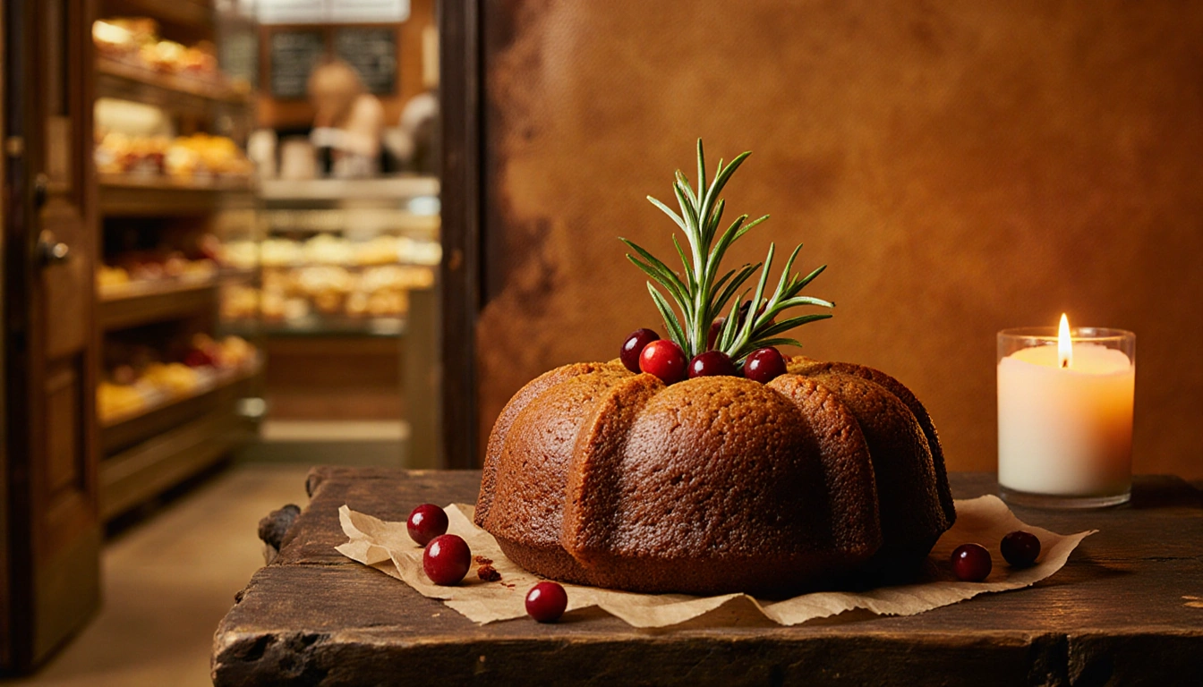 Traditional Texas fruitcake rests on worn wooden table with rosemary sprig and candied cranberries under soft candlelight