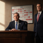 Governor Abbott sits at a large newsroom desk with a calendar showing conflicting dates and urgent warm natural light