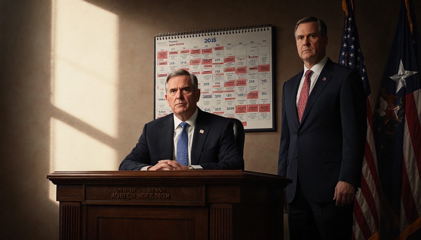 Governor Abbott sits at a large newsroom desk with a calendar showing conflicting dates and urgent warm natural light
