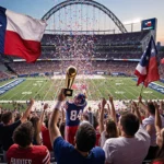 Player holding championship trophy under spotlight with confetti and fans cheering in Texas high school football AT&T Stadium