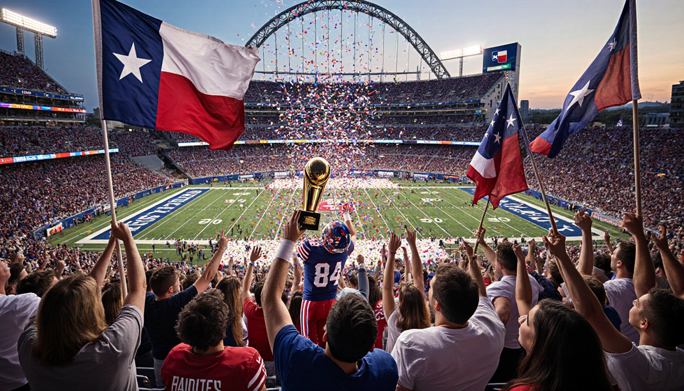 Player holding championship trophy under spotlight with confetti and fans cheering in Texas high school football AT&T Stadium