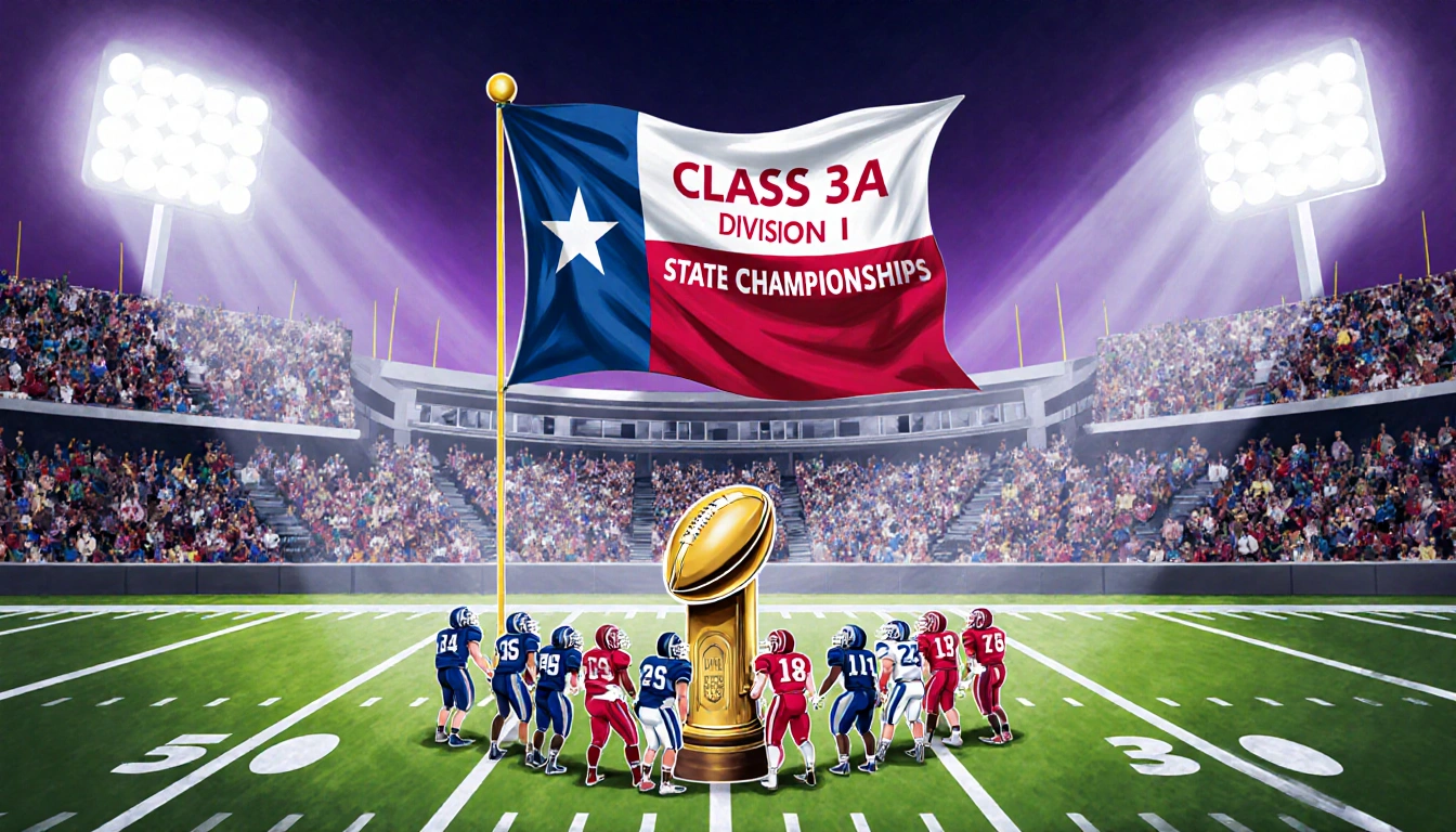 Players gather around championship trophy with Texas high school football banner and bleachers showing unity