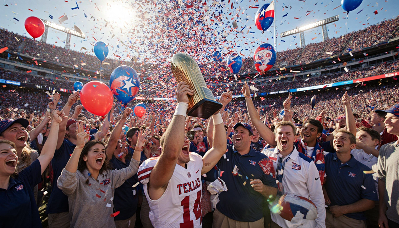Victorious player raises trophy aloft with cheering fans in red and blue confetti swirling and banners flashing