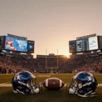 Fans cheering at AT&T Stadium for Texas high school football with abandoned helmets and football and sunset glow