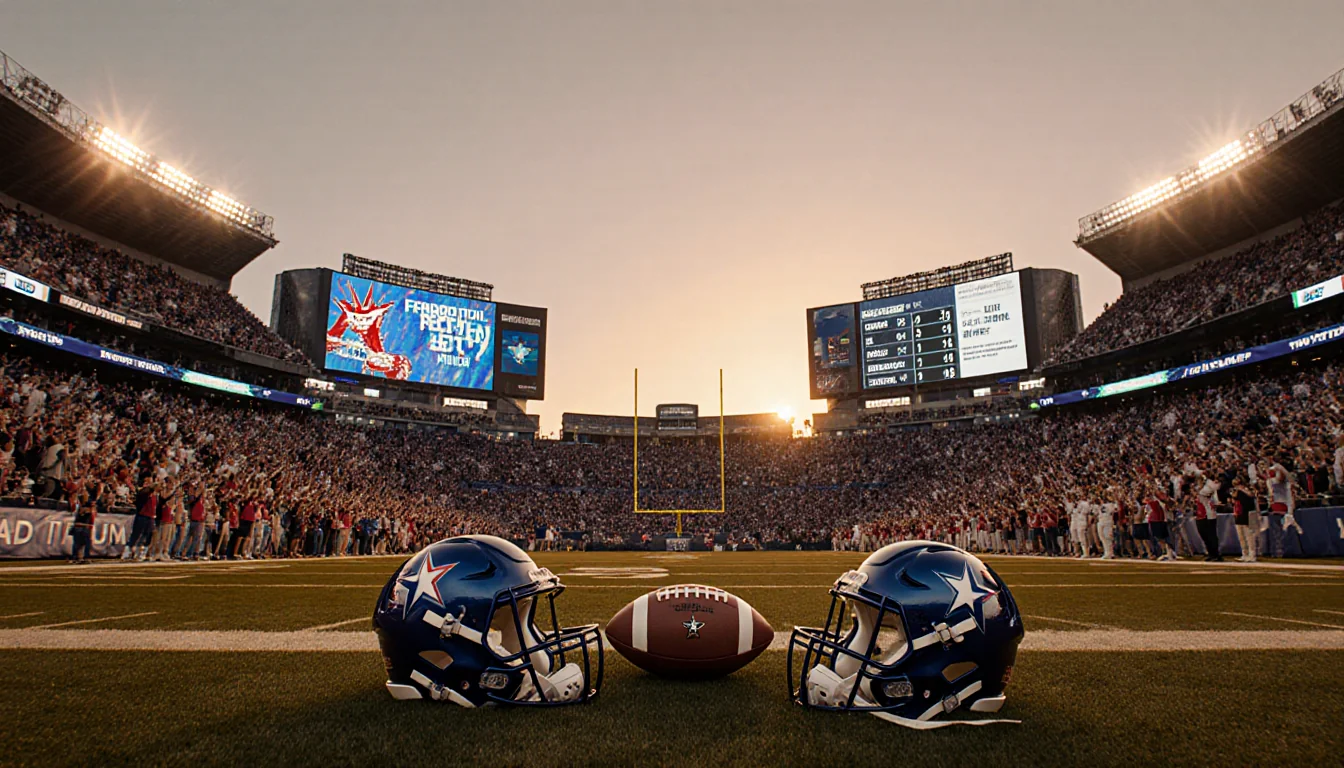 Fans cheering at AT&T Stadium for Texas high school football with abandoned helmets and football and sunset glow