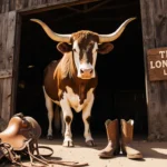 Longhorn stands proudly at museum entrance with golden sunlight reflecting on saddle and wooden sign Texas Longhorn Legacy