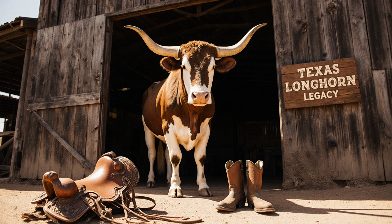 Longhorn stands proudly at museum entrance with golden sunlight reflecting on saddle and wooden sign Texas Longhorn Legacy