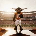 Bevo the Texas Longhorns mascot stands proudly on a shiny star with an empty stadium backdrop