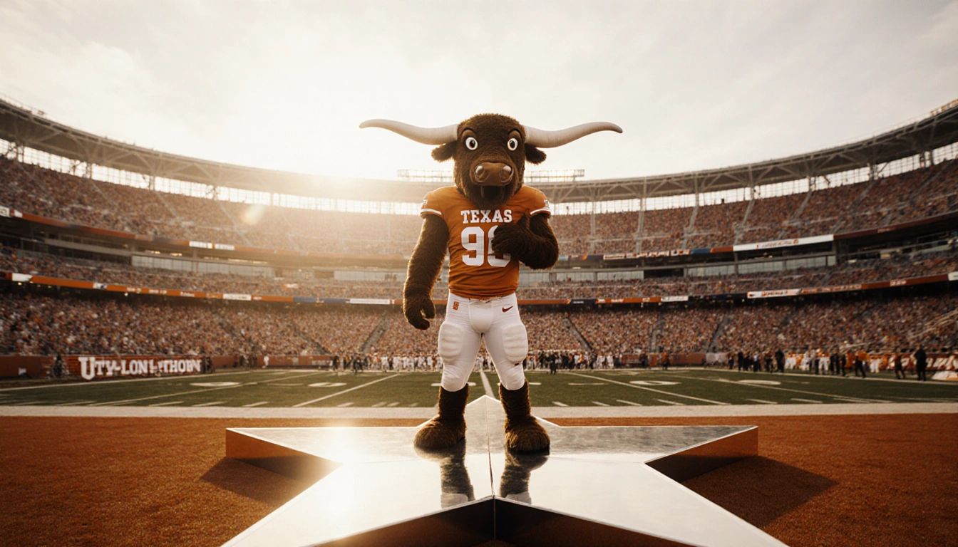 Bevo the Texas Longhorns mascot stands proudly on a shiny star with an empty stadium backdrop
