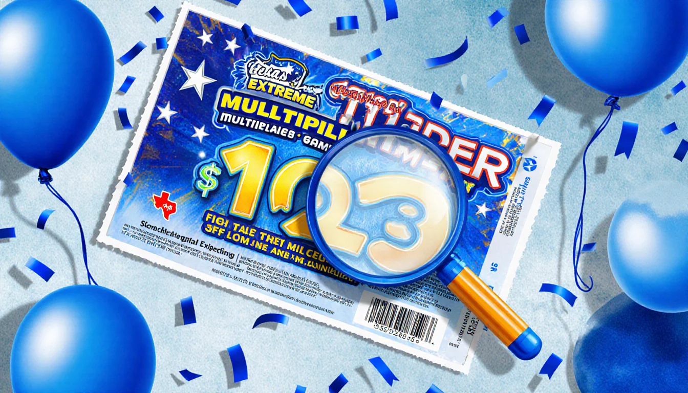 Large Texas Lottery scratch-off ticket showing $123 million with magnifying glass over prize amount and confetti around it.
