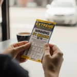 Hands holding a $1 million Texas Lottery ticket with light highlighting the jackpot text and a blurred coffee shop backdrop.