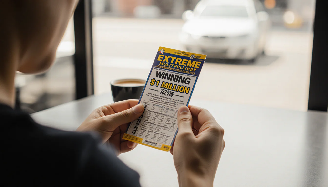 Hands holding a $1 million Texas Lottery ticket with light highlighting the jackpot text and a blurred coffee shop backdrop.