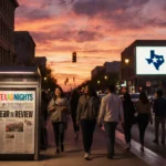 People walking and smiling along a Texas street with a newspaper stand and a digital screen glowing warm against sky.