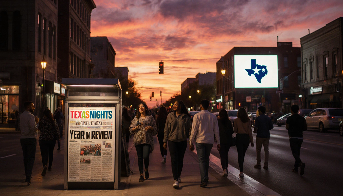 People walking and smiling along a Texas street with a newspaper stand and a digital screen glowing warm against sky.