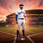 Alexis Diaz standing proudly in Rangers uniform with bat and ball at his feet against sunset AT&T Stadium