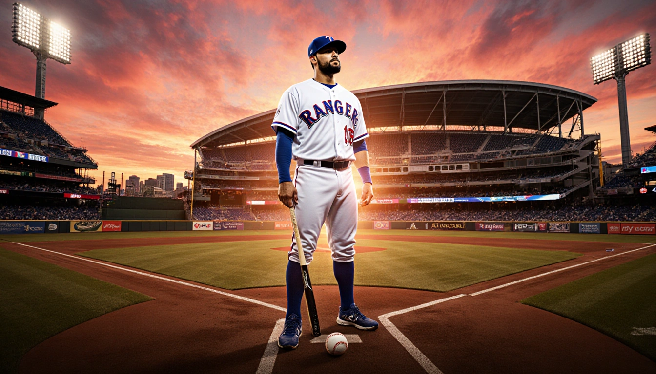Alexis Diaz standing proudly in Rangers uniform with bat and ball at his feet against sunset AT&T Stadium