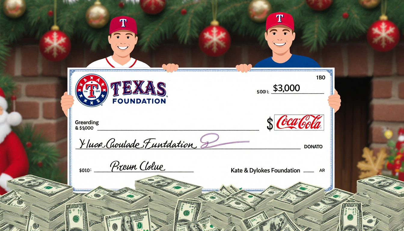 Two smiling figures present a large check with 30,000 dollar bills and holiday decorations in a blurred background donation